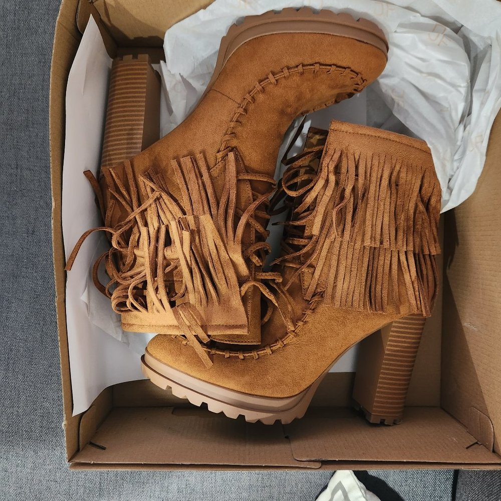 Brand New Camel Fringed Booties